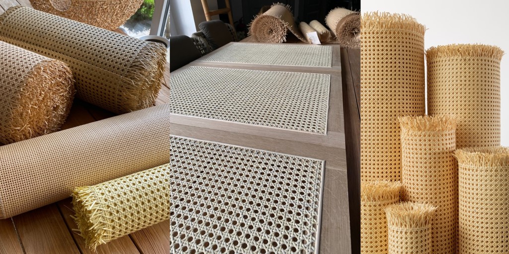 Kolaż przedstawiający pełne rolki naturalnych plecionek meblowych oraz przykładowe zastosowanie plecionki wiedeńskiej we frontach meblowych. Oferta hurtowa obejmuje plecionki rattanowe, plecionki wiedeńskie oraz inne materiały plecionkarskie przeznaczone dla producentów mebli, stolarni, pracowni renowacyjnych i projektantów wnętrz.